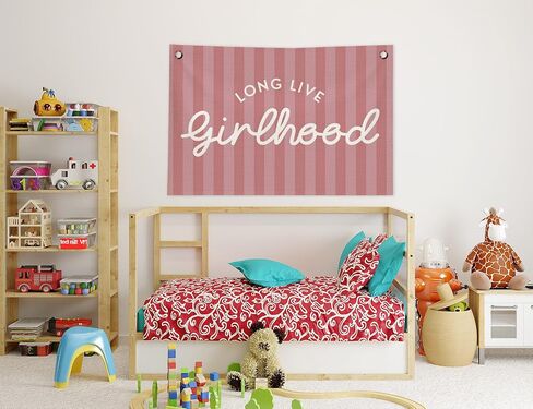 Long Live Girlhood Wall Decor, Girls Room Decor Canvas Banner, Preppy Pink Striped Hanging Banner Flag Wall Art Decor for Girl Nursery Kids Room Bedroom Dorm Playroom, 20x30 in in Kuwait