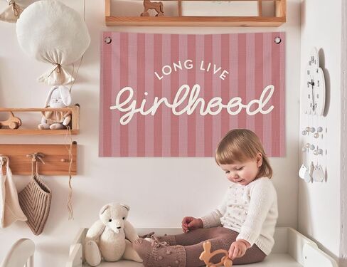 Long Live Girlhood Wall Decor, Girls Room Decor Canvas Banner, Preppy Pink Striped Hanging Banner Flag Wall Art Decor for Girl Nursery Kids Room Bedroom Dorm Playroom, 20x30 in in Kuwait