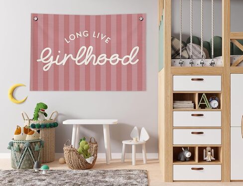 Long Live Girlhood Wall Decor, Girls Room Decor Canvas Banner, Preppy Pink Striped Hanging Banner Flag Wall Art Decor for Girl Nursery Kids Room Bedroom Dorm Playroom, 20x30 in in Kuwait