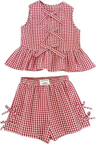 Soly Hux Girl's Summer Plaid Print Print 2 قطعة قمة الكشكش تلبس أعلى وملابس إجازة قصيرة in Kuwait