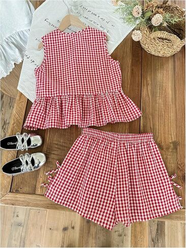 Soly Hux Girl's Summer Plaid Print Print 2 قطعة قمة الكشكش تلبس أعلى وملابس إجازة قصيرة in Kuwait