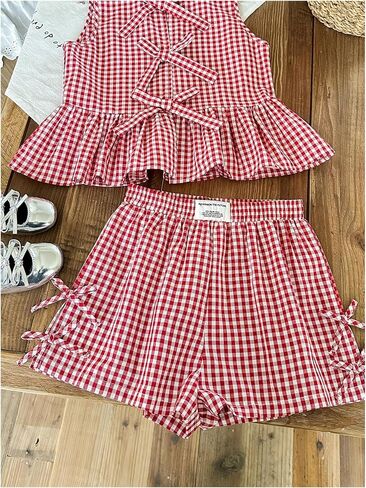 Soly Hux Girl's Summer Plaid Print Print 2 قطعة قمة الكشكش تلبس أعلى وملابس إجازة قصيرة in Kuwait