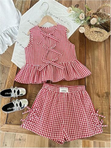 Soly Hux Girl's Summer Plaid Print Print 2 قطعة قمة الكشكش تلبس أعلى وملابس إجازة قصيرة in Kuwait
