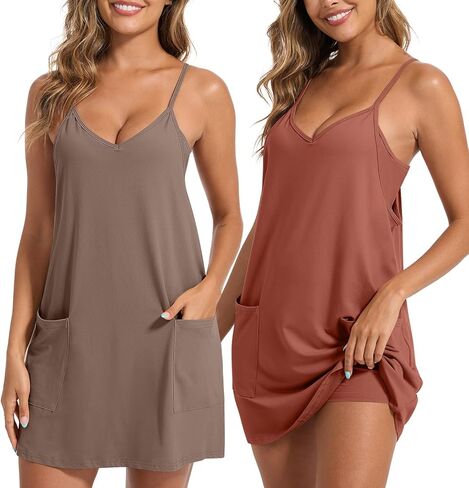 2 Pack Women's Summer Sleeveless Mini Dresses Spaghetti Straps Athletic Tennis Romper Dresses Workout Short Outfits in Saudi Arabia