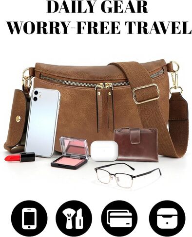 حقيبة Crossbody Crossbody المألوفة للنساء - حزمة فاني كبيرة ، حقيبة حبال حقيبة الحزام ، جلود PU متينة ، أنيقة للسفر والاستخدام اليومي (بني) in Saudi Arabia