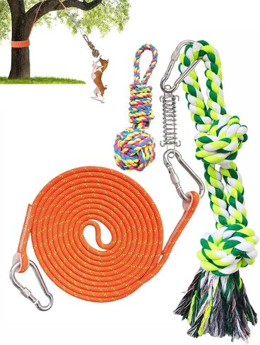 TUAHOO Spring Pole Bungee Dog Tug Toy - Dog Rope Pull & Tether Tug of War Toy for Small to Large Dogs to Exercise and Play Retractable Tugger Dog Rope Toys with 2 Chew Toys in Kuwait