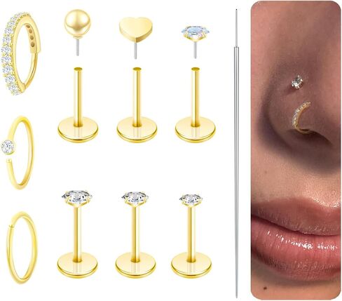 9PCS Hypoallergenic Titanium Nose Ring Studs Set, Silver Threadless Flatback Nose Stud for Women Men Gold Helix Tragus Piercing Jewelry Small Push in Flat Back Earrings CZ Ball Heart 20G 2/2.5/3/4mm in Kuwait