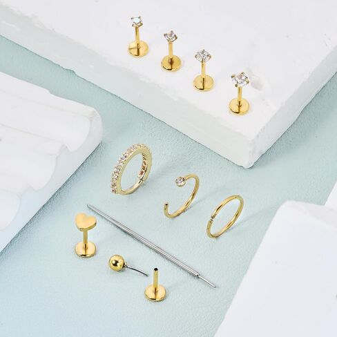 9PCS Hypoallergenic Titanium Nose Ring Studs Set, Silver Threadless Flatback Nose Stud for Women Men Gold Helix Tragus Piercing Jewelry Small Push in Flat Back Earrings CZ Ball Heart 20G 2/2.5/3/4mm in Kuwait