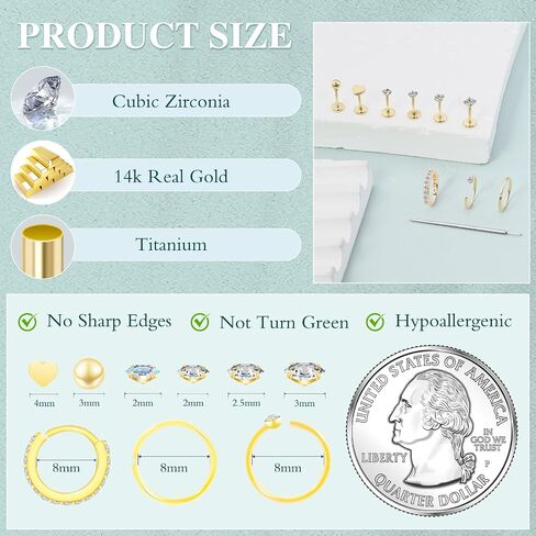 9PCS Hypoallergenic Titanium Nose Ring Studs Set, Silver Threadless Flatback Nose Stud for Women Men Gold Helix Tragus Piercing Jewelry Small Push in Flat Back Earrings CZ Ball Heart 20G 2/2.5/3/4mm in Kuwait