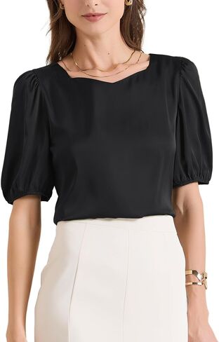 Allegra K Women's Slealt Sweetheart Neck Half Office Office Office Satin Blouse Top in Saudi Arabia