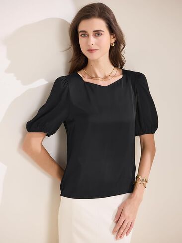 Allegra K Women's Slealt Sweetheart Neck Half Office Office Office Satin Blouse Top in Saudi Arabia