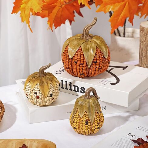 Briful Fall Decorative Corn Pumpkin Set – 3-in-1 Resin Pumpkins Harvest Décor Fake Corn Pumpkins Centerpiece for Thanksgiving Table Tiered Tray Outdoor Autumn Decorations in Saudi Arabia