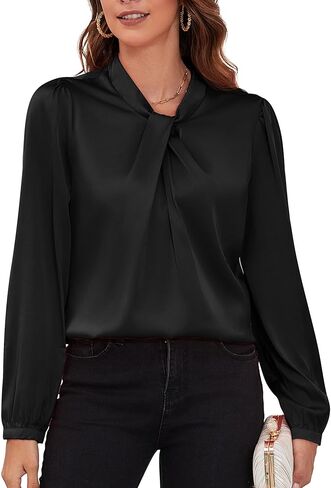 COUXILY Womens Satin Silk Blouses Business Casual Dressy Elegant Shirts Mock Neck Long Sleeve Twist Front Office Work Tops in Kuwait