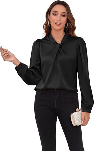 COUXILY Womens Satin Silk Blouses Business Casual Dressy Elegant Shirts Mock Neck Long Sleeve Twist Front Office Work Tops in Kuwait