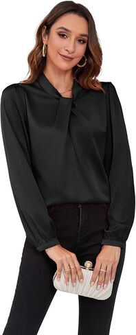 COUXILY Womens Satin Silk Blouses Business Casual Dressy Elegant Shirts Mock Neck Long Sleeve Twist Front Office Work Tops in Kuwait