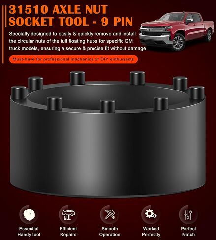 Bonbo 31510 Axle Nut Socket - 9 Pin Hub Nut Socket يناسب GM 2020+ Silverado و Sierra 2500/3500 مع 11.5 "و 12" محور محور عجلات خلفية مزدوجة ، 1/2 "محرك الأقراص in Kuwait