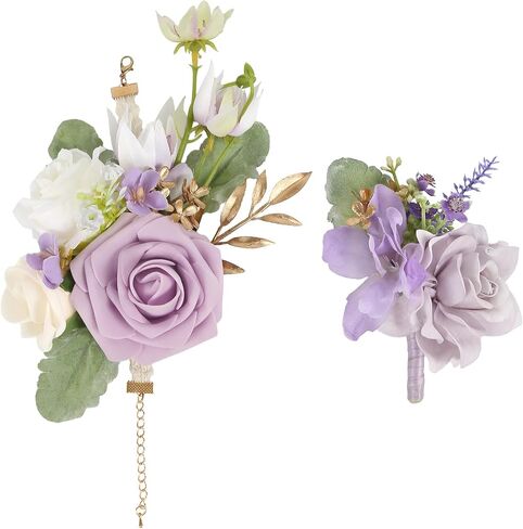 2Pcs Wedding Corsage and Boutonniere Set Purple Rose Corsage Wristlet and Boutonniere for Men Women Groom Bride Bridesmaid Groomsmen Wedding Party Accessory Prom Decoration (Purple) in Saudi Arabia
