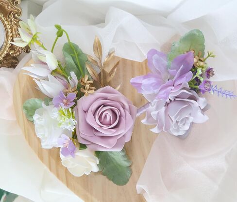 2Pcs Wedding Corsage and Boutonniere Set Purple Rose Corsage Wristlet and Boutonniere for Men Women Groom Bride Bridesmaid Groomsmen Wedding Party Accessory Prom Decoration (Purple) in Saudi Arabia
