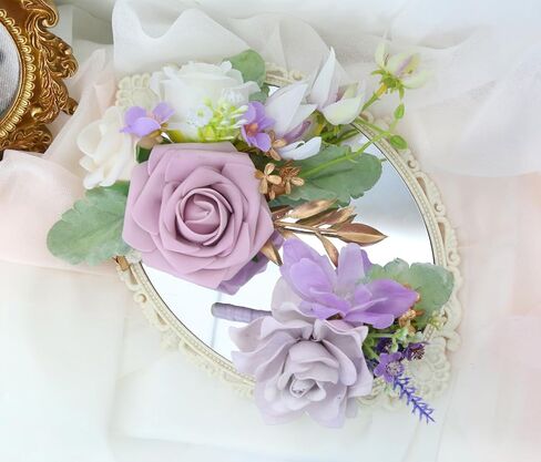 2Pcs Wedding Corsage and Boutonniere Set Purple Rose Corsage Wristlet and Boutonniere for Men Women Groom Bride Bridesmaid Groomsmen Wedding Party Accessory Prom Decoration (Purple) in Saudi Arabia