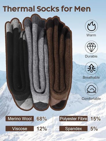 Merino Wool Hiking Socks for Men, Warm Thermal Crew Socks W/Cushion Moisture Wicking for Trekking Work Outdoor, 3 Pairs in Kuwait