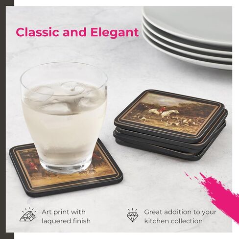 Pimpernel Tally Ho Collection Coasters | Set of 6 | Cork Backed Board | Heat and Stain Resistant | Drinks Coaster for Tabletop Protection | Measures 4" x 4" in Kuwait