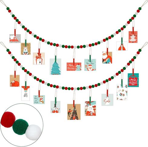2 Pcs Christmas Hanging Photo Display with 18 Wood Clips, Wooden Beads Garland Christmas Holiday Card Picture Frame 4 Feet DIY Green Red Photo Holders for Christmas Holiday Rustic Country Decor in Saudi Arabia