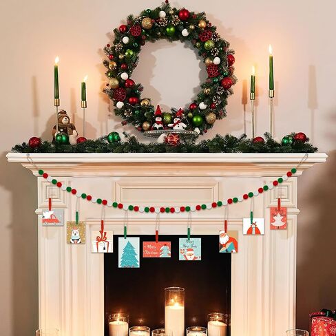 2 Pcs Christmas Hanging Photo Display with 18 Wood Clips, Wooden Beads Garland Christmas Holiday Card Picture Frame 4 Feet DIY Green Red Photo Holders for Christmas Holiday Rustic Country Decor in Saudi Arabia