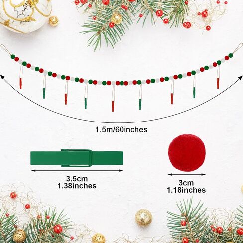 2 Pcs Christmas Hanging Photo Display with 18 Wood Clips, Wooden Beads Garland Christmas Holiday Card Picture Frame 4 Feet DIY Green Red Photo Holders for Christmas Holiday Rustic Country Decor in Saudi Arabia