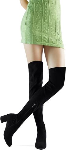 Shoe'N Tale Stretch Suede Thigh High Boots Chunky Heel Over The Knee(8.5,Black) in Saudi Arabia