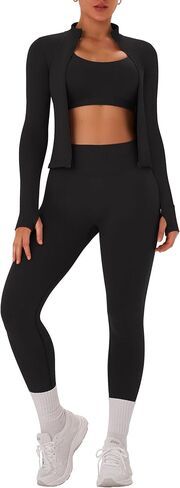Olchee Womens تمرين مجموعات 3 قطعة سلسة طويلة الأكمام سترة Scrunch بعقب طماق Racerback الرياضة برا يوجا جيمز الملابس in Saudi Arabia