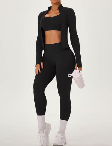 Olchee Womens تمرين مجموعات 3 قطعة سلسة طويلة الأكمام سترة Scrunch بعقب طماق Racerback الرياضة برا يوجا جيمز الملابس in Saudi Arabia