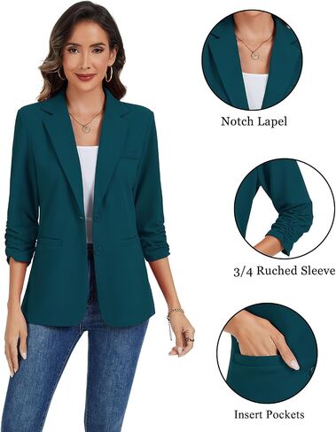 mintlimit ruched 3/4 جاكيتات السترة الأكمام للنساء للنساء الزر لوحة الكتف الجبهة السترة الطية السترة غير الرسمية مع جيوب in Kuwait