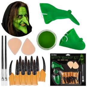 Libima 17 PCS Halloween Witch Makeup Kit Green Fake Witch Nose and Chin ، 10 PCS Black Long Pingernails ، Face Paint ، Makeup Sponge and Brush Effects Expeliver in Saudi Arabia