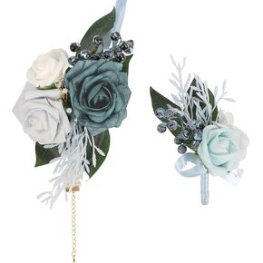 2Pcs Wedding Corsage and Boutonniere Set Purple Rose Corsage Wristlet and Boutonniere for Men Women Groom Bride Bridesmaid Groomsmen Wedding Party Accessory Prom Decoration (Purple) in Kuwait