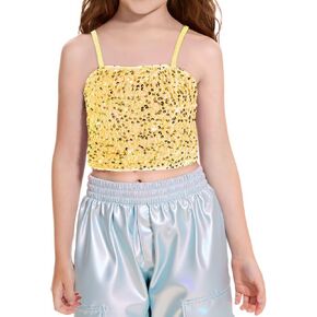 Haloumoning Girls Sequin Tank Tops Kids Sleeveless Spaghetti Strap Crop Cami Camisole Sparkly Dance Blouse 5-14 Years in Saudi Arabia