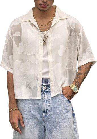 GORGLITTER Men's Cropped Shirt Button Down Floral Sheer Mesh Half Short Sleeve Collar Loose Casual Boho Tops in Saudi Arabia
