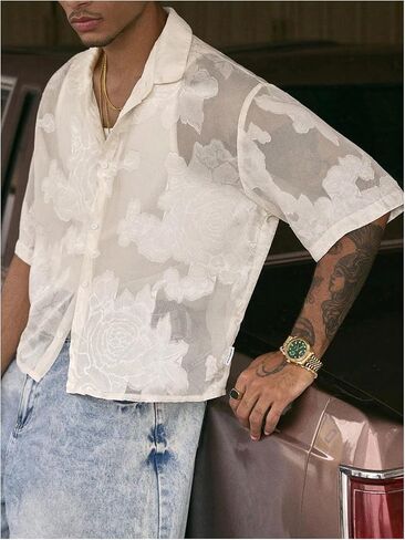 GORGLITTER Men's Cropped Shirt Button Down Floral Sheer Mesh Half Short Sleeve Collar Loose Casual Boho Tops in Saudi Arabia