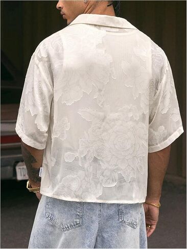 GORGLITTER Men's Cropped Shirt Button Down Floral Sheer Mesh Half Short Sleeve Collar Loose Casual Boho Tops in Saudi Arabia