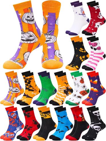 16 Pairs Halloween Socks Bulk Novelty Pumpkin Ghost Skull Spider Skeleton Pattern Crew Sock Gifts for Women Men in Saudi Arabia