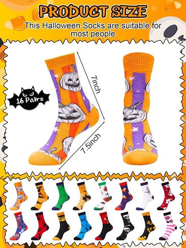 16 Pairs Halloween Socks Bulk Novelty Pumpkin Ghost Skull Spider Skeleton Pattern Crew Sock Gifts for Women Men in Saudi Arabia