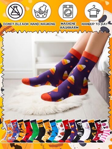 16 Pairs Halloween Socks Bulk Novelty Pumpkin Ghost Skull Spider Skeleton Pattern Crew Sock Gifts for Women Men in Saudi Arabia