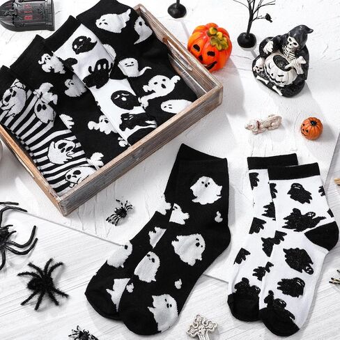 6 Pairs Halloween Socks for Women Men Black Ghost Halloween Black and White Crew Socks in Saudi Arabia