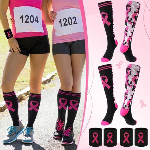 Xtinmee 12 Sets/ 24 Sets Pink Ribbon Breast Cancer Awareness Football Socks and Wristbands for Women Youth Accessories in Saudi Arabia