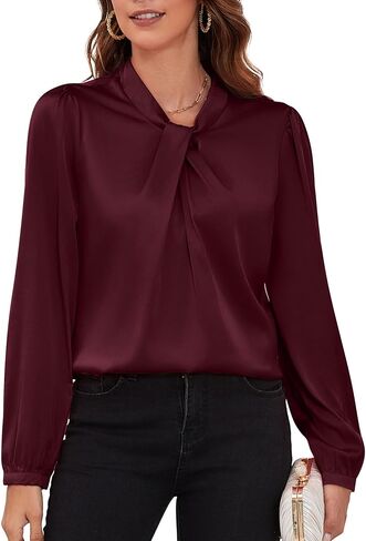 COUXILY Womens Satin Silk Blouses Business Casual Dressy Elegant Shirts Mock Neck Long Sleeve Twist Front Office Work Tops in Kuwait