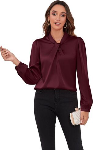 COUXILY Womens Satin Silk Blouses Business Casual Dressy Elegant Shirts Mock Neck Long Sleeve Twist Front Office Work Tops in Kuwait