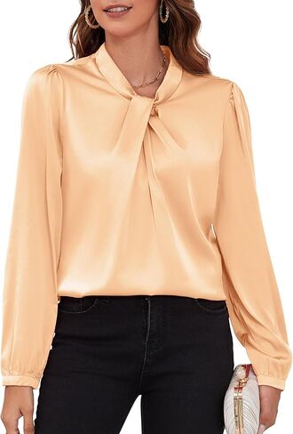 COUXILY Womens Satin Silk Blouses Business Casual Dressy Elegant Shirts Mock Neck Long Sleeve Twist Front Office Work Tops in Kuwait