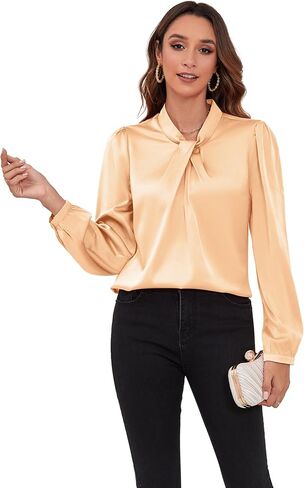 COUXILY Womens Satin Silk Blouses Business Casual Dressy Elegant Shirts Mock Neck Long Sleeve Twist Front Office Work Tops in Kuwait