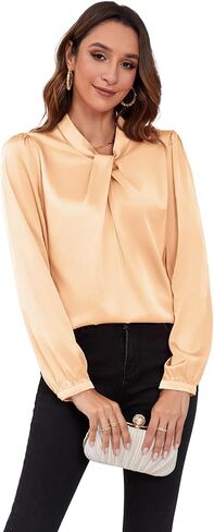 COUXILY Womens Satin Silk Blouses Business Casual Dressy Elegant Shirts Mock Neck Long Sleeve Twist Front Office Work Tops in Kuwait
