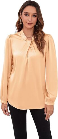 COUXILY Womens Satin Silk Blouses Business Casual Dressy Elegant Shirts Mock Neck Long Sleeve Twist Front Office Work Tops in Kuwait