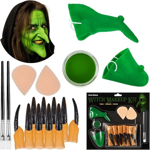 Libima 17 PCS Halloween Witch Makeup Kit Green Fake Witch Nose and Chin ، 10 PCS Black Long Pingernails ، Face Paint ، Makeup Sponge and Brush Effects Expeliver in Saudi Arabia
